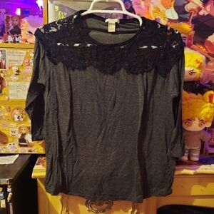 Charcoal Heather Half Sleeve Top With Black Lace Chest